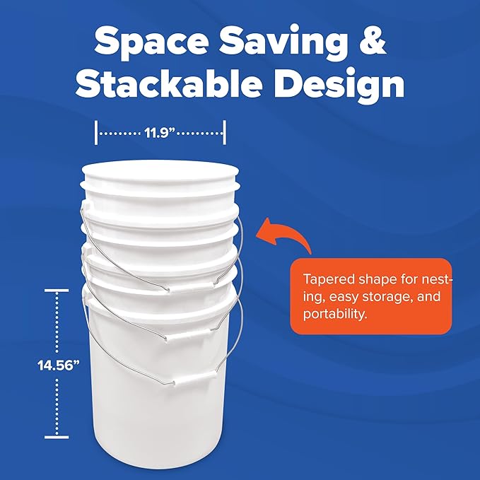 ePackageSupply 5 Gallon Bucket - Food Grade Bucket, Metal Handle Grip, BPA-Free, Heavy-Duty 90 Mil HDPE Plastic Pail, Stackable Utility Container, Made in USA, Lid Not Included, Translucent, 6 Packs