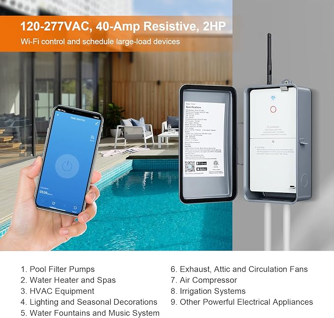 SURAIELEC Pool Timer, WiFi Smart Pool Pump Timer, 120, 240, 277 VAC, 40 AMP, Outdoor Indoor Heavy Duty Metal Casing Pools Control, Wireless Electric Switch Box for Pump, Water Heater, Spa, Light