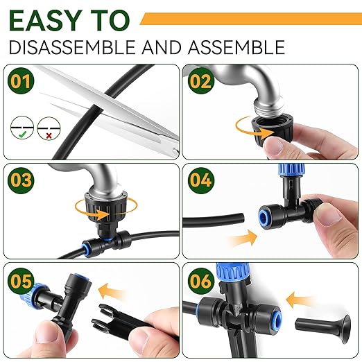 Meonum 65FT Greenhouse Watering System, Quick Connector Hanging Plant Watering System Automatic Mist Irrigation Kit with 1/4'' Blank Tubing, Two way Faucet Connector, Adjustable Misting Nozzle(2 Pack)
