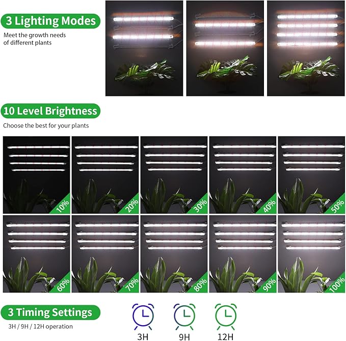 RWNTAO Grow Lights for Indoor Plants, 13" Grow Light Strips with Timer 3/9/12 H, 10 Dimmable Levels, 192 LEDs Full Spectrum Sunlight Plant Growing Lamp for Indoor Greenhouse Seedlings, 4 Head