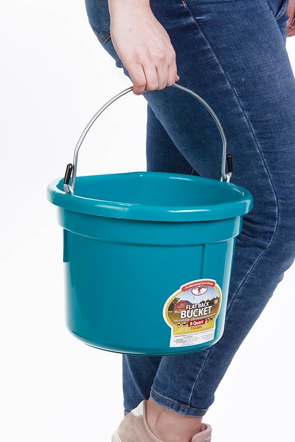 Little Giant® Flat Back Plastic Animal Feed Bucket | Animal Water and Feed Bucket with Metal Handle | 8 Quarts | Teal