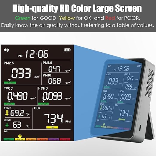 Professional Indoor Air Quality Monitor with AQI Alerts, Portable Real-Time Detector for Home, Car, Plants & Pet (Concrete Gray)