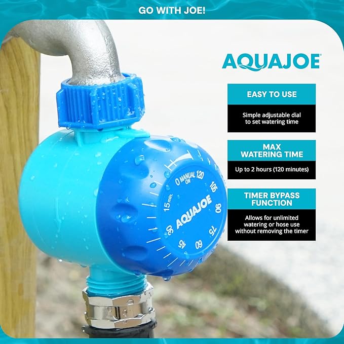 Aqua Joe Mechanical Hose Timer, Set of 2 - Dual-Zone Garden Water Timer, No Batteries Required, 2-Hour Max, Manual Bypass Function, Standard Faucet Compatible
