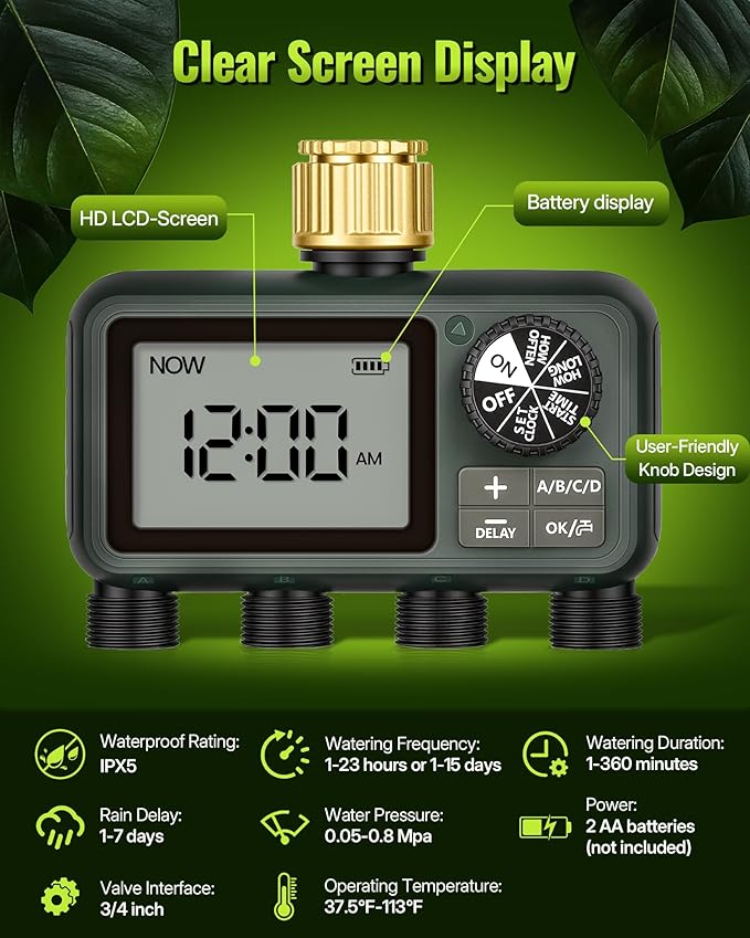 Brass Sprinkler Timer with Swivel, Programmable Water Timer for Garden Hose with Auto/Manual/Rain Delay Watering, Digital Irrigation System Kit,for Garden, Yard, Lawn 4 Outlet F14WT06
