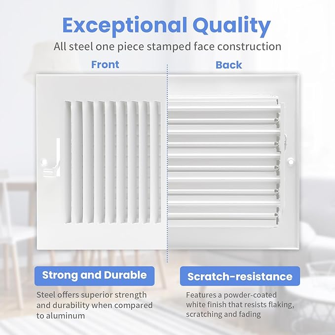 10 x 6 Inch [Duct Opening] Air Vent Covers for Wall or Ceiling - High Airflow 2 Way Steel Ventilation - Adjustable Wall/Ceiling Register, 11-3/4 Inch x 7-3/4 Inch [Overall Dimensions]