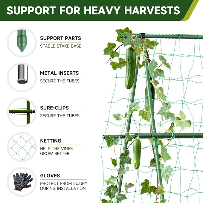 HIRALIY A Frame Cucumber Trellis for Climbing Plants Outdoor, 57" x 31" Heavy Duty Metal Garden Trellis, Rustproof Plant Support for Tomato, Grape, Bean, Raised Bed and Vegetable Gardens, Green