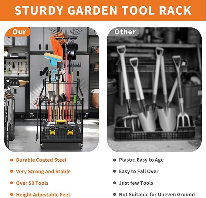 Garden Tool Organizer, Yard Tool Organizer with Wheels, Metal Yard Tools Storage, Heavy Duty Garden Tool Organizer for Garage, Partitioned Tool Organizer and Storage for Garage, Tool Stand, Outdoor