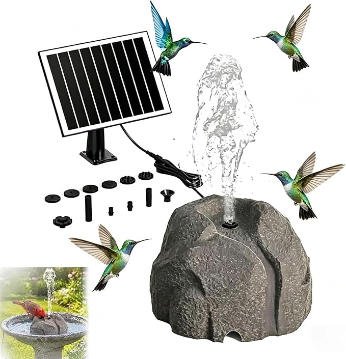 Realistic Granite Rock Solar Bird Bath Fountain - Solar Powered Bird Bath Fountain with Pump and 10 Nozzles, Outdoor Water Feature Resin Stone Look for Garden Pond Patio Yard Decor (Gray)
