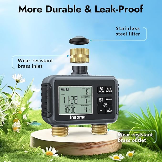 Insoma Water Timer with Brass Inlet & Outlet, 2 Independent Zones Outdoor Hose Timer for Garden Faucet with Auto/Manual/Rain Delay Mode, Sprinkler Irrigation Timers for Yard Lawn