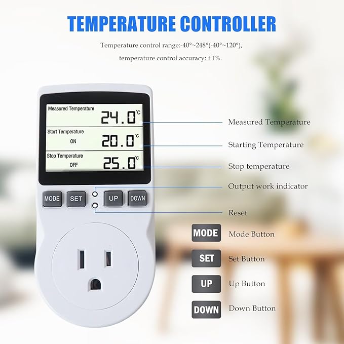 New Digital Plug-in Thermostat Outlet with External Temperature Probe - Energy Saving Controller for Infrared Heaters, for Greenhouse, for Incubator (Timer, Heating/Cooling Mode, 1800W Max)
