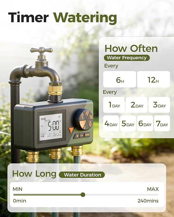 Diivoo Brass 3 Zone Sprinkler Timer, Programmable Hose Timers for Watering 3 Outlet with Large Display, Rain Delay & Manual Mode for Outdoor Automatic Irrigation of Garden, Lawn, Yard