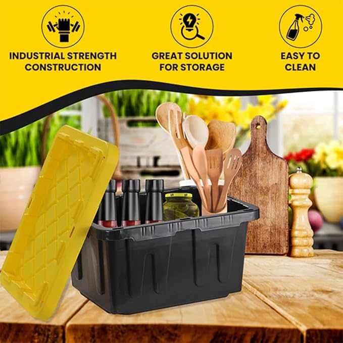 Juggernaut Storage Multipurpose 5 Gallon Lockable Plastic Storage Tote with Secure Snap Fitting Lid for Home Organization, Black/Yellow (Set of 2)