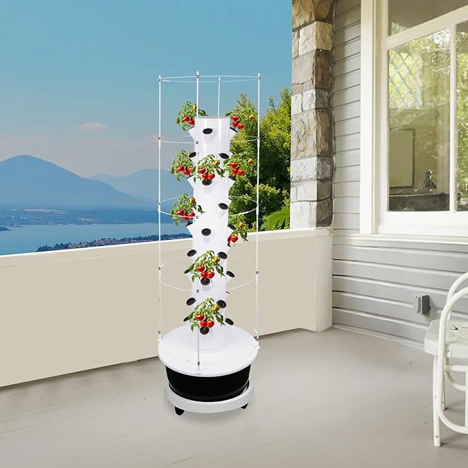 Hydroponic Growing Tower with Climbing Trellis, 30L Water Tank & Automatic Timer, Indoor Outdoor Vertical Garden System for Vegetables Herbs Strawberries (Black - 36 Holes)