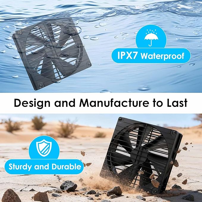 7 Inch Large Airflow Solar Fan with Battery Backup, 12800mAh Batteries IPX7 Waterproof 16.5 Ft On/Off Switch Cable Solar Powered Exhaust Vent Fan for Outside Greenhouse Chicken Coop Shed Trailer