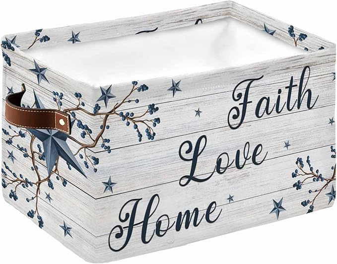 Farmhouse Storage Bins Cubes Waterproof Cloth Storage Basket,Blue Country Texas Star Vintage Berries Wooden Foldable Storage Bags for Shelf Clothes Storages Organizers with Handles 15x11x9.5 in 1PCS