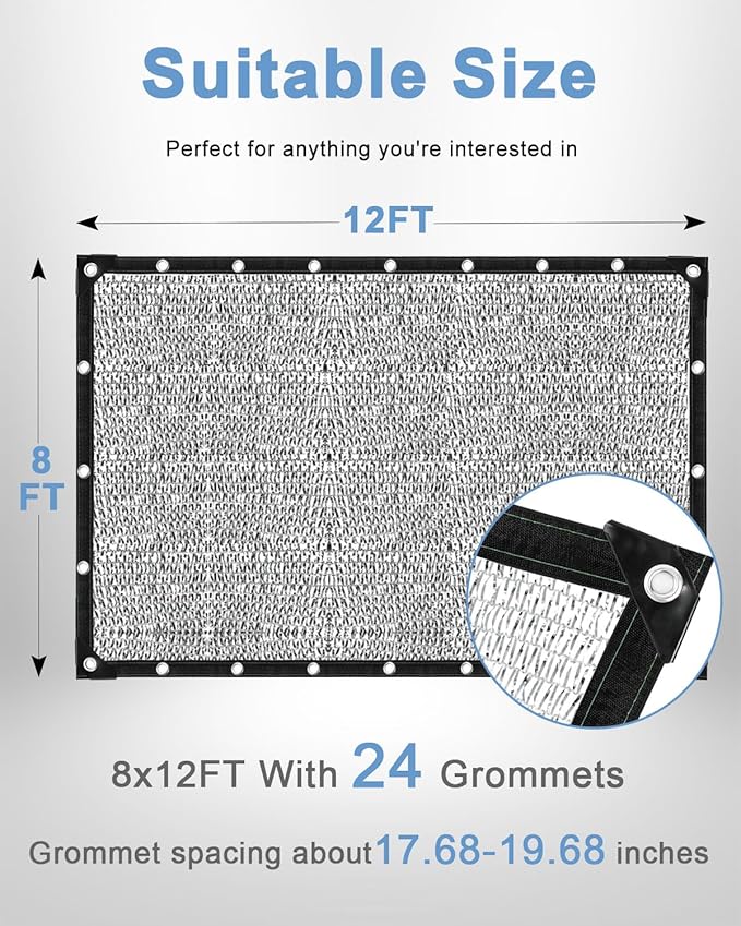 vensovo 30% Aluminum Shade Cloth - Reflective Aluminium Shade Netting Sun Shade Cover with Grommets for Cars, Dogs, Outdoor, RV, Patio (8x12FT)