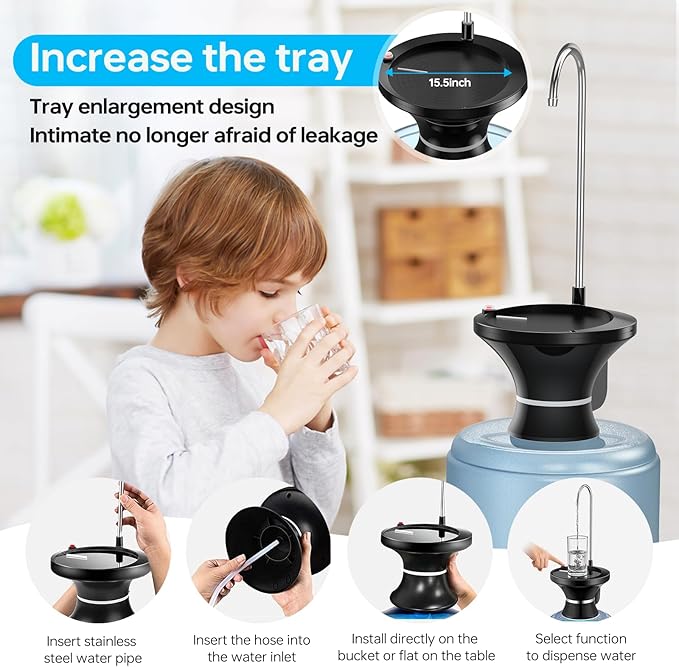 Drinking Water Dispenser Pump, Automatic Electric Drinking Water Bottle Pump for 2-5 Gallon Water Jugs, USB Rechargeable with 2 Switch Control, Stable and Portable for Home, Kitchen, Office, Camping