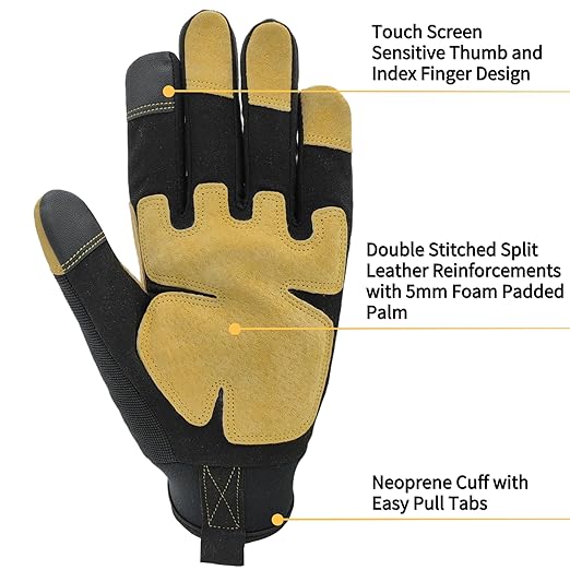 All-Purpose Work Gloves,Split Leather Knuckle Working Performance Fit Mechanics Glove,Durable,Black+Yellow,Medium