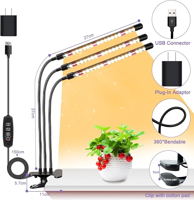 SDOVUERC 3head Plant Lights for Indoor Growing, Grow Light for Indoor Plants, Full Spectrum Growing Lamps with Clip, Auto ON & Off Timer 3/9/12H, 3 Switch Modes, 10-Level Dimmable Brightness