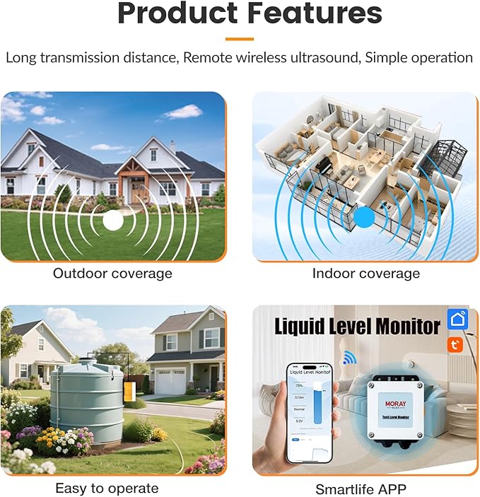 Moray Smart WiFi Water Level Sensor Water Tank Level Monitor Submersible Liquid Level Gauge , Automatic Alarm Indicator for Tuya Mobile APP Smart Home Remote IP67 Waterproof (ME202W 5m)