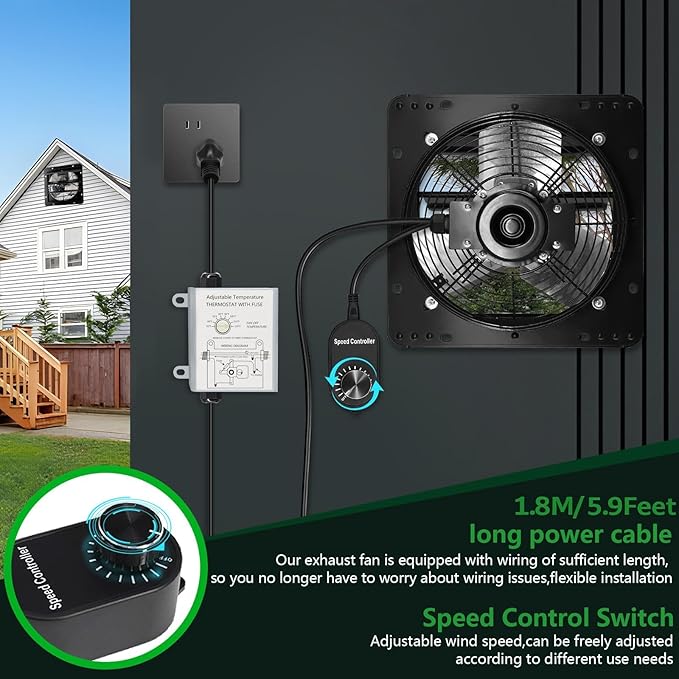 Shutter Exhaust Fan with Thermostat & Speed Control, 576 CFM,1700RPM, Upgrade 7 inch Wall Mount Attic Vent Fan for Chicken Coops, Greenhouse, Barn, Garage, Shed Ventilator