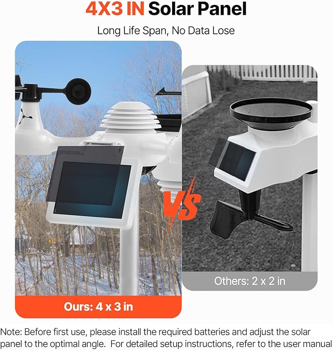 VEVOR 7-in-1 Wi-Fi Solar Self-Charging Weather Station with 7" TFT Color Display, Solar-Powered Outdoor Sensor, Indoor&Outdoor Monitoring for Temperature, Humidity, Wind Speed/Direction and Rainfall