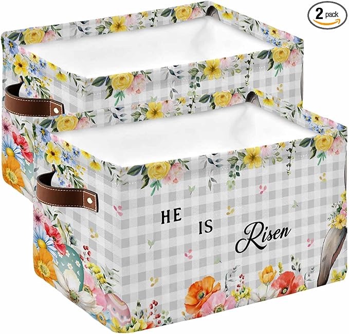 Easter Plaid Storage Bins Cubes Waterproof Cloth Storage Basket,Spring Watercolor Bunny Flower Grey Checkered Foldable Storage Bags for Shelf Clothes Storages Organizers with Handles 15x11x9.5 in 2PCS