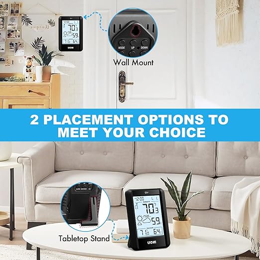 Indoor Outdoor Thermometer Wireless Weather Station External Thermometer Hygrometer Monitor with 330ft Range Remote Sensor, Battery Operated Backlit Display (Black)