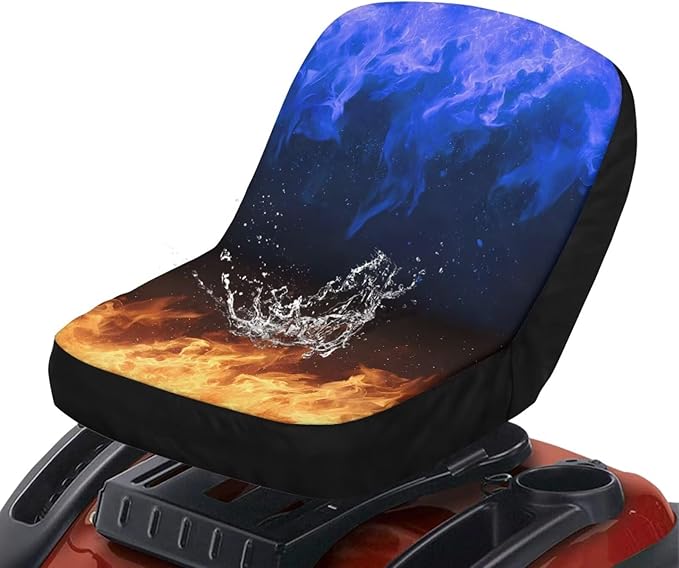 Riding Lawn Mower Cushioned Seat Cover Replacement,Flames Weatherproof Tractor Seat Cover with Convenient Pockets