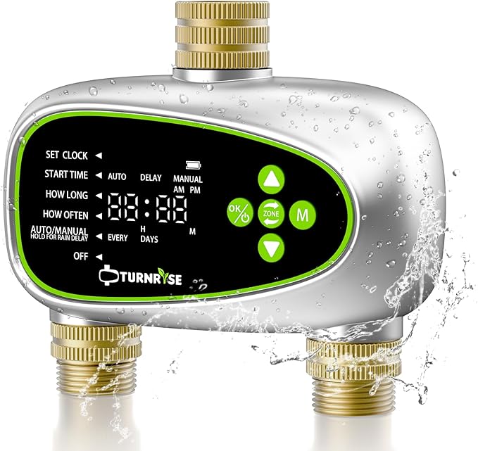 Hose Timer 2 Outlet- Irrigation Timer for Garden Water Hose with Soil Moisture Sensor, Rain Delay & Brass Inlet Programmable Sprinkler, Automatic Drip Irrigation System for Yard Lawn Greenhouse