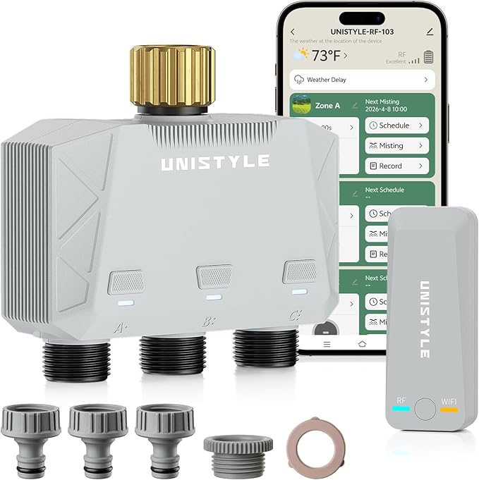 [All-New 2027] 1700FT WiFi Sprinkler Timer 3 Zone with Brass Inlet, Unistyle Smart Hose Timers Compatible Alexa & Google Voice, Water Timer for Garden Hose with Auto & Manual Modes for Garden Lawn