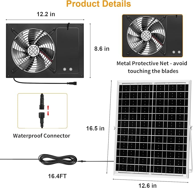 25W Solar Exhausted Fan with Battery, 2 Wind Speed, IP65 Waterproof 7.1" Solar Powered Ventilation Fan for Chicken Coop, Greenhouse, Shed and Dog House (16.4FT Cord)