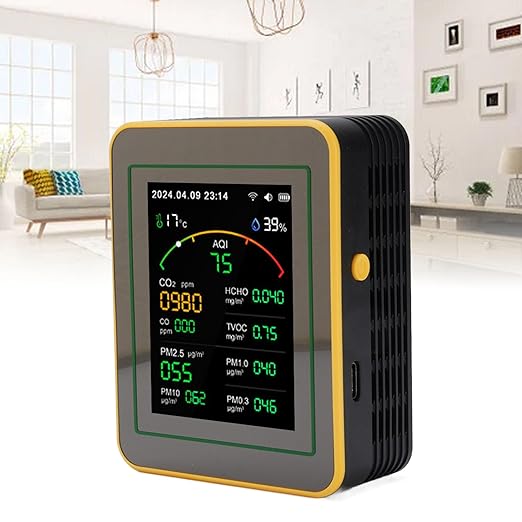 Air Quality Detector, 15 in 1 WiFi APP Control CO2 HCHO TVOC PM2.5 PM10 Monitor, Humidity Temperature Detector with Smart Timer & Curve Recording, Ideal for Indoor Air Quality (Black Yellow)