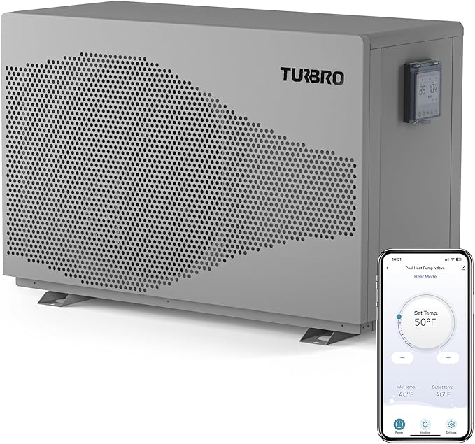 TURBRO 58,000 BTU DC Inverter Swimming Pool Heat Pump, WiFi Control Electric Pool Heater for Above and Inground Pools up to 18,000 Gal, Heating and Cooling, Up to 15.8 COP, 220-240V, Beluga B58V
