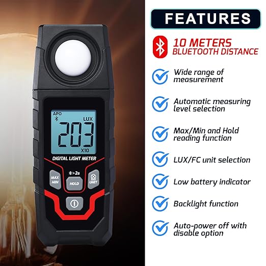 Light Meter Wireless Lux Meter, 0.1~200,000 Lux Range Light Meter for Plants, Bluetooth Lux Meter Light Meter App Connection, Data Logging and Export, Backlight LCD Display for Plants, Photography