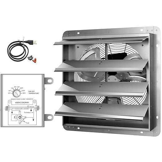 Simple Deluxe 14 Inch Wall Mounted Shutter Aluminum Exhaust Fan with Temperature Controller and Power Cord Kit, 1600 RPM, 1000 CFM, for Attic, Garage, Louvered Vent, Plant, Greenhouse, Silver