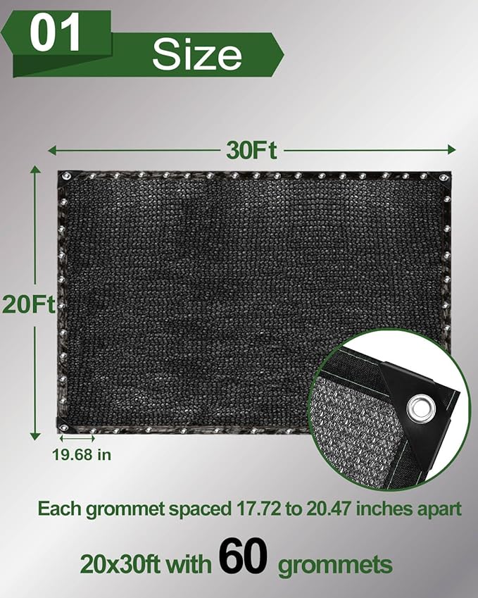 50% Sunblock Shade Cloth Net Black Resistant - 20x30 Ft Garden Shade Mesh Tarp for Plant Cover, Greenhouse, Chicken Coop, Kennels, Tomatoes Plants