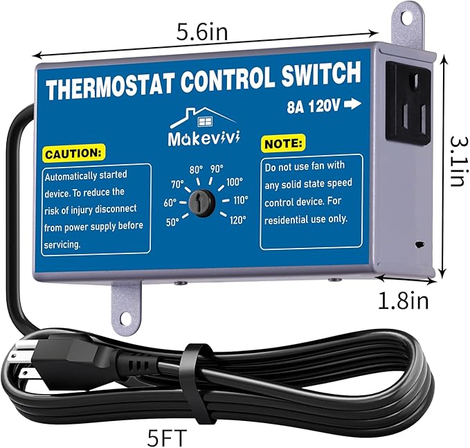 2 Pack Thermostat Controller for Attic Fan, Adjustable Temperature Control Switch with Socket, Overload & Surge Protector, 1600W Fan Thermostat for Garage, Workshop, Greenhouse