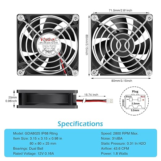 Wathai 2PCS IP68 80mm x 25mm 12V Waterproof Cooling Fan High Airflow Dual Ball DC 12v Exhaust Fan 2Pin for DIY RV Fridge Refrigerator Solar Battery Box Cabinet Ventilation Cooling