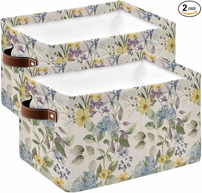 Vintage Spring Floral Storage Bins Cubes Waterproof Cloth Storage Basket, Farmhouse Flowers Rustic Foldable Storage Bags for Shelf Closet Clothes Storages Organizers with Handles 15x11x9.5 in 2PCS