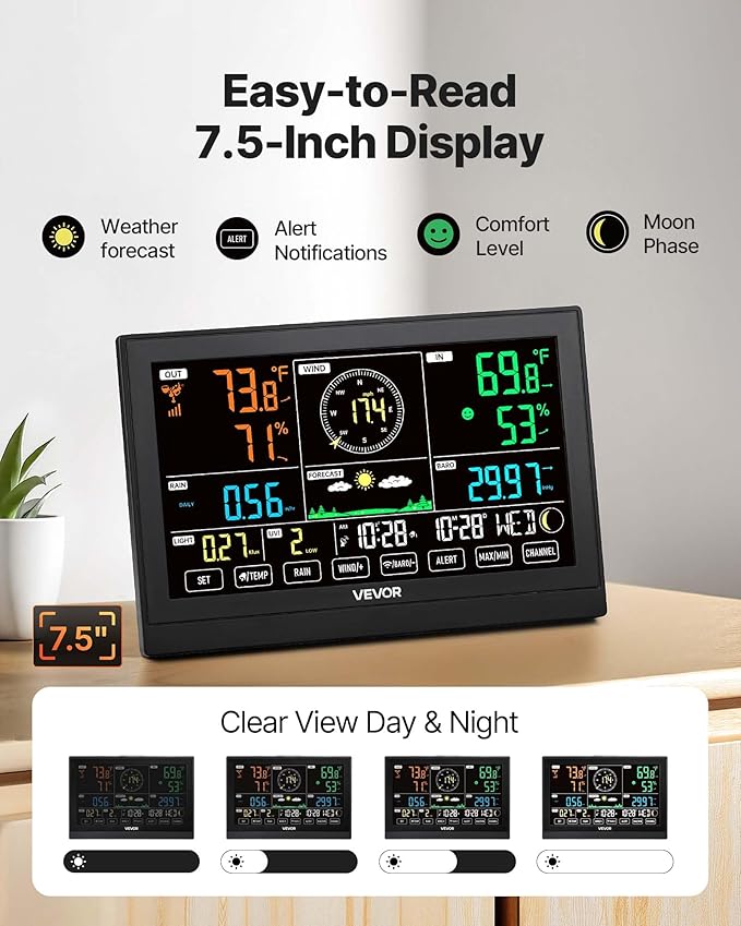 VEVOR 7-in-1 Wireless Weather Station, 7.5-Inch VA Display, Solar Powered Outdoor Sensor, Rain Gauge, Indoor Outdoor for Weather Forecast, Temperature, Humidity, Wind Speed and Direction (No WiFi)