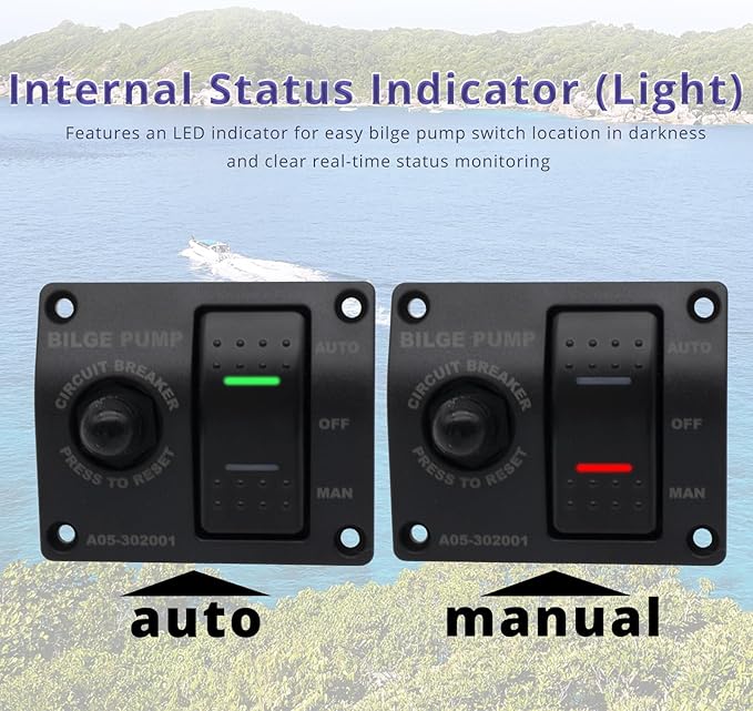 3-Way Bilge Pump Rocker Switch Panel 12V/24V, Automatic, Off, and Manual to Control Marine Switch Panel with Built-in 15A Circuit Breaker, LED Indicator, Waterproof