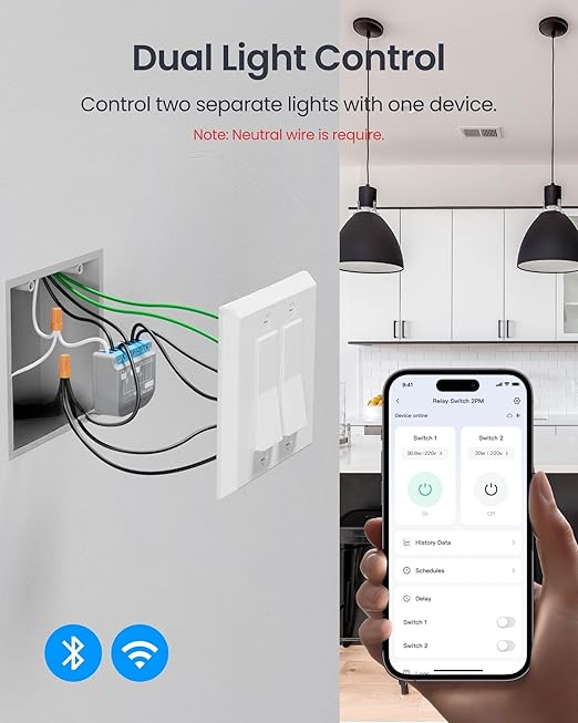 SwitchBot Smart Relay Switch 2PM, Power Metering, Dual Light Control, Built-in Bluetooth Repeater, Wi-Fi&Bluetooth Switch Compatible w/Alexa/Apple Home/Google Home/Matter Hub Required, 2.4GHz