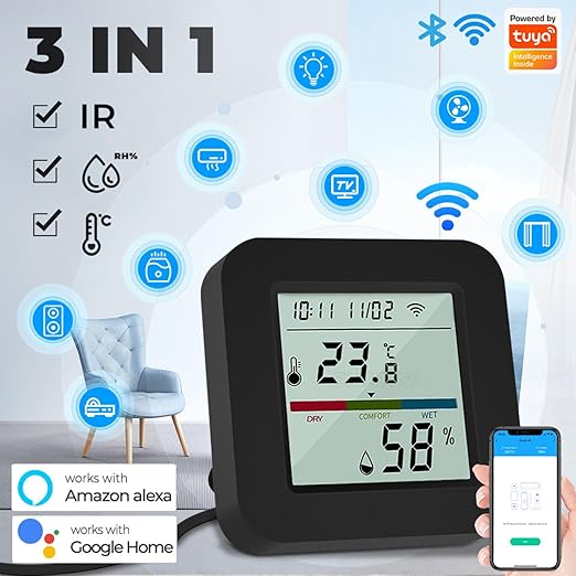 WiFi Smart IR Remote Control, 3-in-1 Smart AC Controller with Temperature Humidity Sensor n Display, Intelligent Control of T&H for Home Greenhouse Pet Garage, Compatible with Alexa (C1)