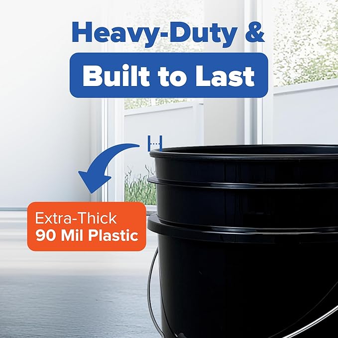 ePackageSupply 5 Gallon Bucket - Food Grade Bucket, Metal Handle Grip, BPA-Free, Heavy-Duty 90 Mil HDPE Plastic Pail, Stackable Utility Container, Made in USA, Lid Not Included, Black, 3 Packs