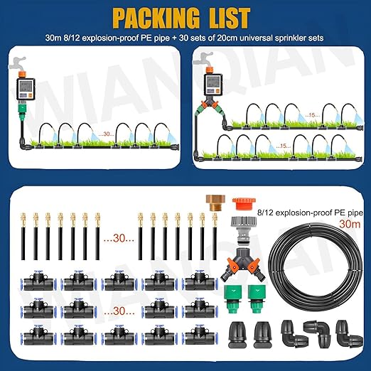 Automatic Drip Irrigation System, Nozzle Drip Irrigation Garden Watering, Greenhouse Drip Irrigation Kit, 360° Adjustable Misting Nozzle, Smart Timer 1Sec - 300 Min, Easy Installation 30m