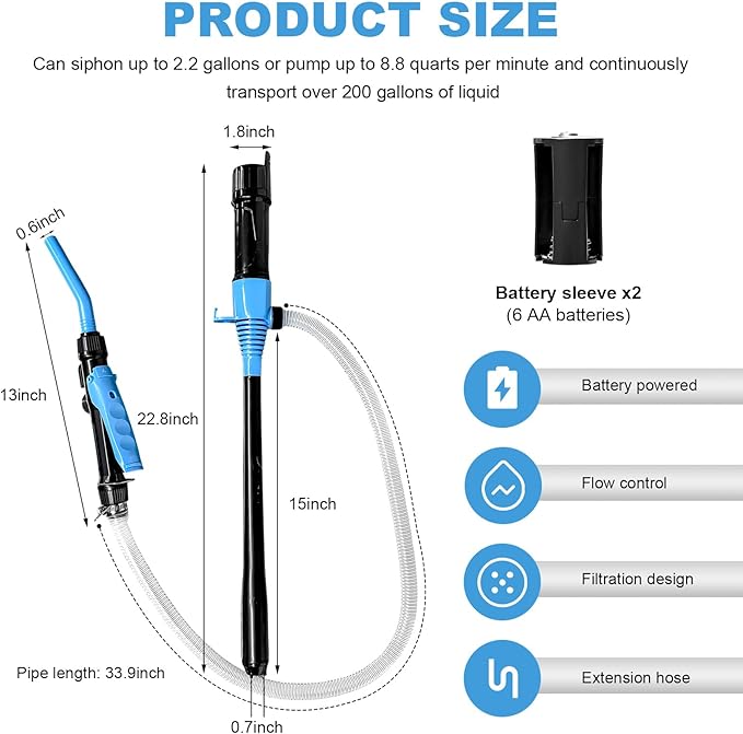 Portable Transfer Pump, Battery Operated Electric Siphon Pump with Adjustable Flow Control, 2.2 GPM Handheld Liquid Transfer Pumps Oil Extractor for Gasoline Gas Diesel Water