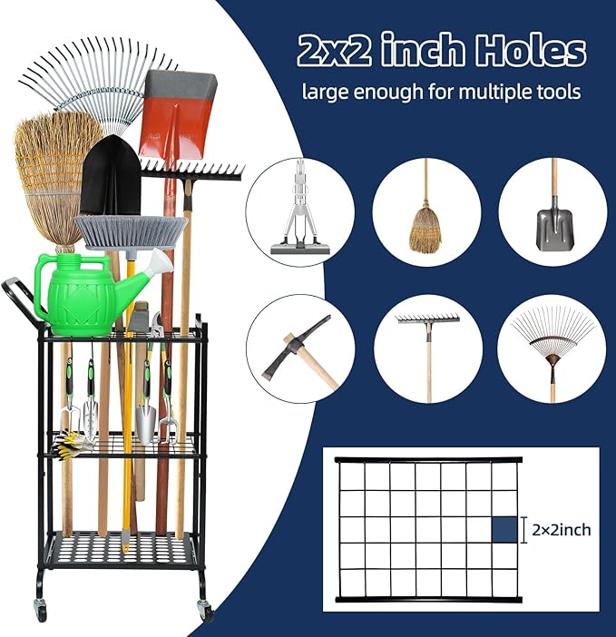 Garden Tool Organizer and Storage, Yard Tool Organizer for Garage Up to 41 Tools, 3-tire Yard Tool Holder Holding Long Handled Tools for Shed Garden Outdoor with Wheels