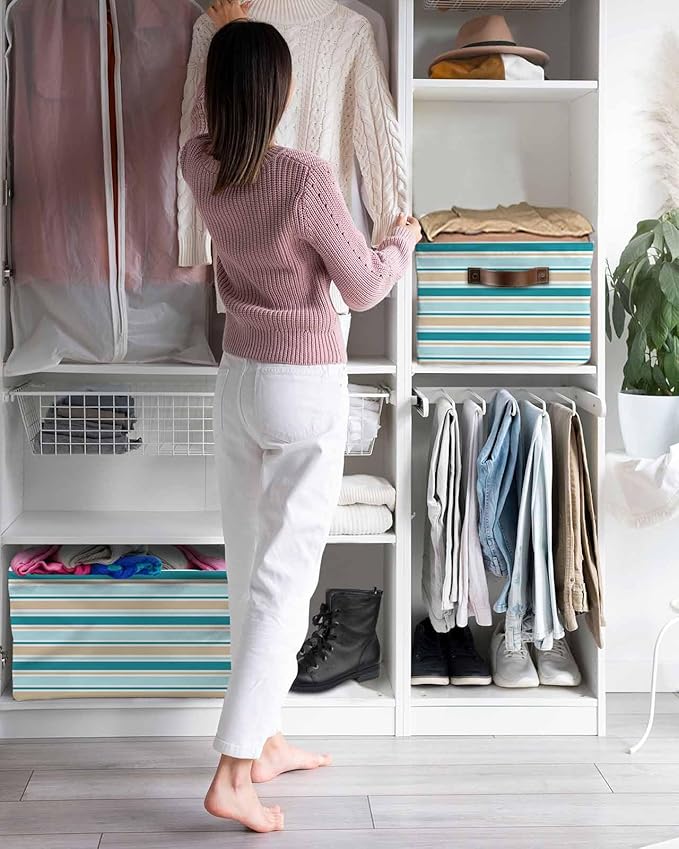 Teal Khaki Striped Storage Bins Cubes Waterproof Cloth Storage Basket,Farmhouse Stripes Modern Abstract Art Foldable Storage Bags for Shelf Clothes Storages Organizers with Handles 15x11x9.5 in 2PCS
