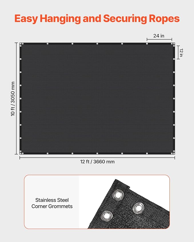 VEVOR 90% Sun Shade Cloth, 10 x 12 ft Pergola Shade Cover with Stainless Steel Grommets, Sun Shades Canopy Privacy Screen with 140 GSM HDPE Material, for Outdoor, Patio, Garden, and Backyard (Black)